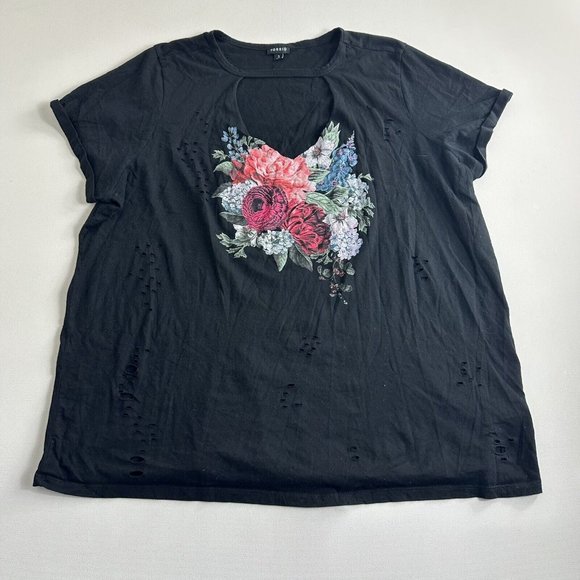 Torrid Shirt Women 3 Black Red Floral Graphic Destroyed Front Choker Neck Tee - Picture 1 of 9